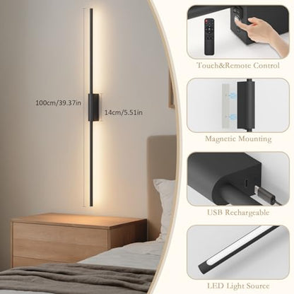 39.4In Battery Operated Wall Sconces Set of Two,12000mAh Wireless Rechargeable Sconces 3 Colors Dimmable with Remote for Living Room Bedroom - size: 39.4Inch