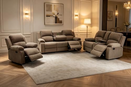 A Ainehome Manual Recliner Sofa Set with Storage, 3 Pieces Living Room Furniture Sets, Corduroy Sofa Sets Reclining Couch Loveseat and Chair Furniture Set for Living Room/Rv/House/Office, Taupe - color: A-taupe Corduroy, size: 3 piece set