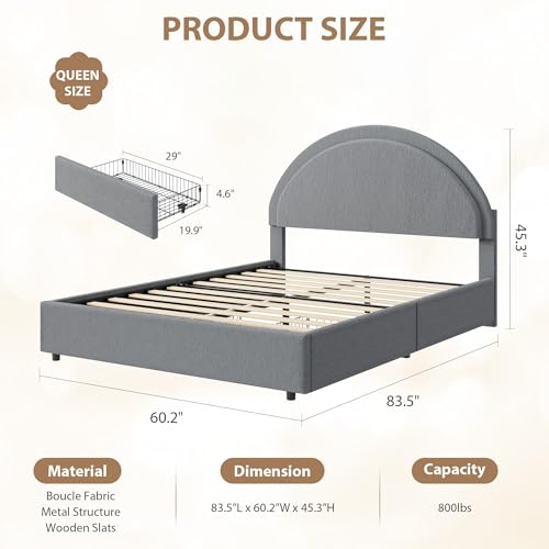Garvee Queen Size Bed Frame with Storage Drawers, Upholstered Boucle Platform Bed with Round Headboard, Heavy Duty & Noise Free, No Box Spring Needed, Grey | Round Headboard, Heavy Duty & Noise Free, No Box Spring Needed - color: Grey, size: Queen