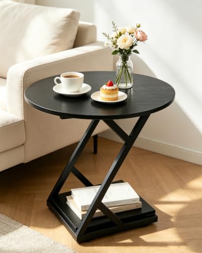 20In Small Round Side Table, 2-Tier Black End Table with Z-Shaped Metal Frame, Wood Grain Round Accent Table with Storage Shelf, Modern Sofa Side Coffee Table for Living Room Bedroom - color: 20in-black
