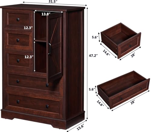SOOWERY Farmhouse Dresser for Bedroom, Tall Chest of Drawers, Dark Cherry | 5-Drawer Wood Dresser, Barn Door Style Storage Cabinet, Multiple Storage Options, 48" Height - color: Dark Cherry, size: 15.6"D x 31.5"W x 47.2"H (5 Drawers)