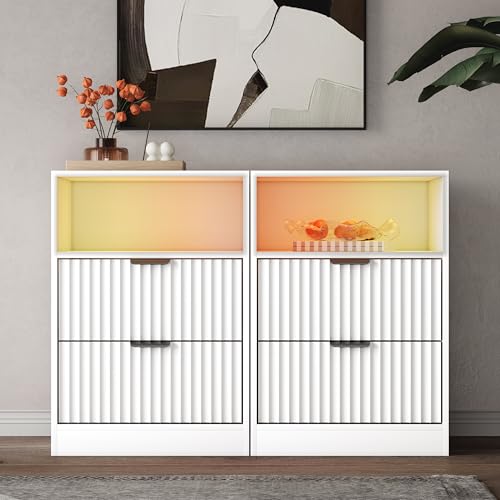 Fluted Nightstand Set of 2, LED Nightstand with Charging Station, Wood Nightstands with 2 Drawers & Metal Handles, Modern Bedside Table & End Tables, Farmhouse Night Stands for Bedroom, White - color: White, style: LED 2 Drawers-2 PCS