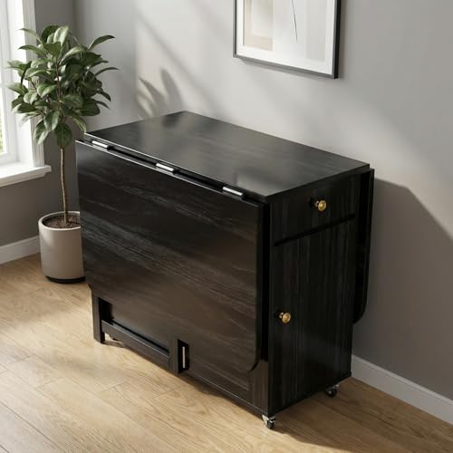 Small Drop Leaf Table - 51" Fully Assembled Folding Dining Table 4-6 Seater with Storage and Lockable Wheels, Space-Saving for Kitchen or Dining Room (Black) - color: Black, size: Only 51.18″L Table