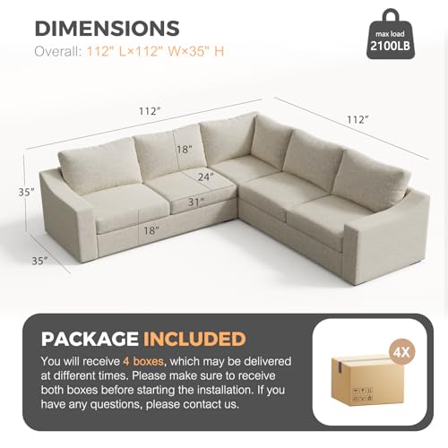 Convertible Sectional, L-Shaped Couch with Extra Deep Seats, Natural Linen Fabric Comfy Modern Corner Sofa for Living Room, Office, Oatmeal - color: Oatmeal, size: 112 Inch - V Shaped(5 Seat)