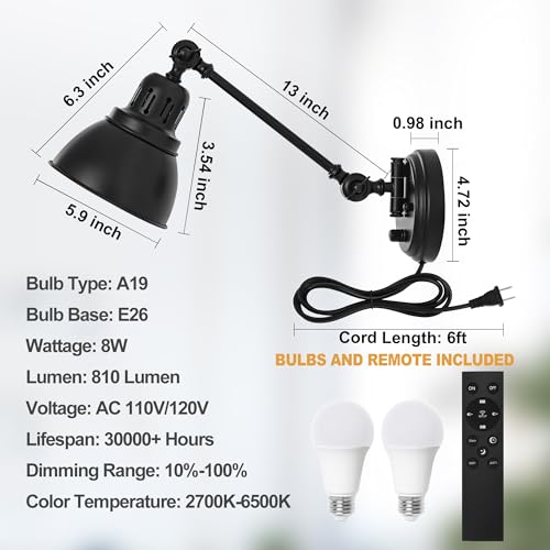 Plug in Wall Sconces Set of Two with Remote, Stepless Dimming & Stepless Colors 2700K-6500K, Swing Arm Wall Lamp, Plug in Wall Light with Night Light & Timer, Hardwired or Plug-in, LED Bulbs Included - size: Black-2 PACK(Bulbs+Remote)