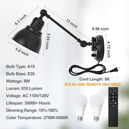 Plug in Wall Sconces Set of Two with Remote, Stepless Dimming & Stepless Colors 2700K-6500K, Swing Arm Wall Lamp, Plug in Wall Light with Night Light & Timer, Hardwired or Plug-in, LED Bulbs Included - size: Black-2 PACK(Bulbs+Remote)
