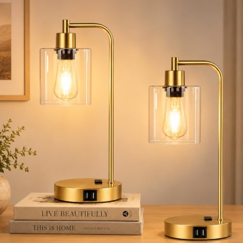 Industrial Touch Control Table Lamps Set of 2 - Gold Nightstand Bedside Lamps with 2 USB Ports & AC Outlet, 3-Way Dimmable Desk Lamp for Bedroom Living Room, Glass Shade & 2 LED Bulbs Included - color: Gold(2 Pack) - Clear Glass-Touch Control