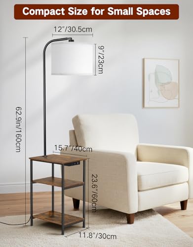 Floor Lamp with Table & Remote, Side End Table with Charging Station, Dimmable Nightstand with 3 Color Temperatures, 1-Hour Timer, 12W LED Bulb, for Living Room, Bedroom - color: Rustic Brown
