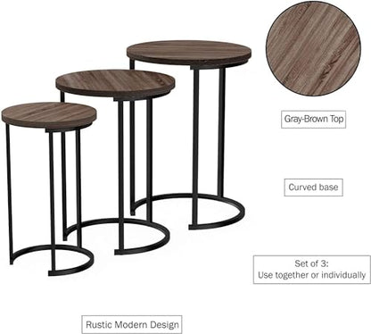HYGRAD BUILT TO SURVIVE Set of 3 Round Wooden/Steel Nesting Side Stacking Sofa Side Coffee Tables, Small Space Coffee Tea Table for Hallway Living Room Bedroom, Home, Office (Brown/Black) - color: Brown/Black