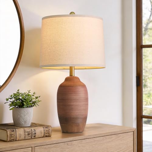 24.5" Single Rustic Terracotta Brown Handcrafted Ceramic Table Lamp 5FT Cord,Farmhouse Vintage Lamp with Linen Drum Shade, Bedside Lamp for Nightstands Bedroom Living Room Entryway,Bulb Not Included - color: 24.5" Terracotta Brown