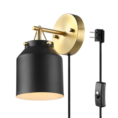 Globe Electric Plug-in or Hardwire Wall Sconce, Matte Black Shade, Matte Brass Accents, Braided Cord, 65000102 - color: Black, Sacha