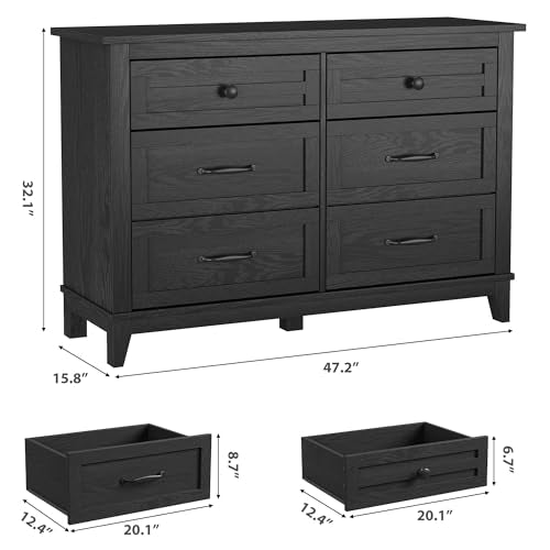 GarveeHome 6 Dresser for Bedroom, 47 in Wide Drawer Dresser with Storage Freestanding, Wooden Closet Storage Chest for Living Room, Bedroom, Entryway, Dark Black - color: Dark Black, size: 15.8"D x 47.2"W x 32.1"H (6 Drawers)