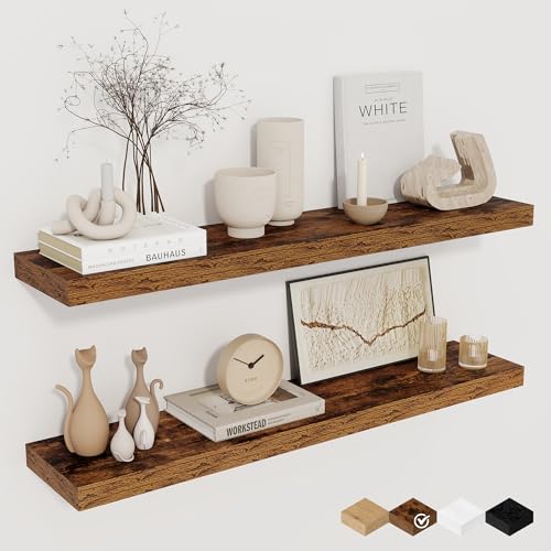 32Inch Floating Shelves for Wall 2 Pack Wood Shelves for Kitchen, Bathroom, Bedroom Wall Mounted Rustic Wood Floating Shelf with Invisible Brackets for Books, Storage, Decor, Rustic Brown - color: Rustic Brown, size: 32"W x 6.5"D, 2Packs