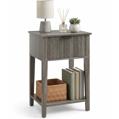 FuniXpress Small Nightstand, 15" Wide, Drawer Shelf, Weathered Gray Fluted | Weathered gray tone, clean fluted front, 11.8-inch slim depth, smart storage, fits guest rooms or small spaces - color: Weathered Gray