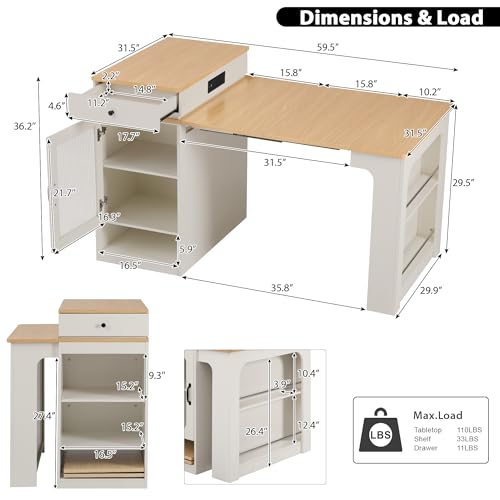59.5" Kitchen Island with Extendable Dining Table, Kitchen Storage Table with Double-Sided Storage & 2 Drawers, Power Outlet, Side Open Shelves, for Dining Room (White3) - color: White3