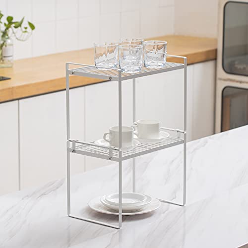 Shantton 2pk Kitchen Cabinet Shelf Counter Organizer Rack Pantry Storage Bathroom Bedroom Office Table Desk Space Saving Steel Frame Stackable Rust Resistant Non Slip White-Tall- L13in W8.3in H9.5in | 2-Pack Stackable Metal Riser Holds 40LBS with Non-Slip
