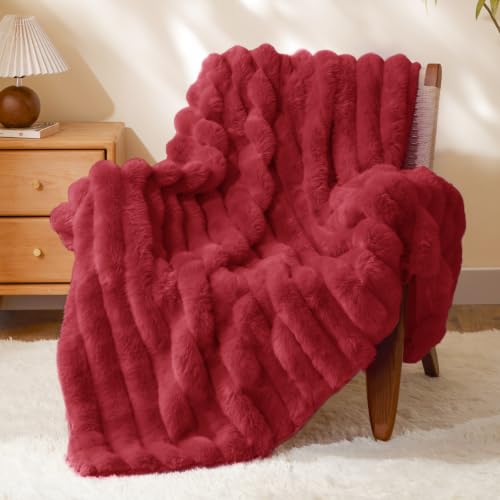 BEDELITE Faux Fur Throw Blanket for Couch, 770GSM, 50" x 60", Red | Soft and Cozy Luxurious 3D Striped Fluffy Blanket, Warm Plush Fuzzy Faux Rabbit Fur for Women Gift, Stylish Room Decor - color: Red, size: Throw(50"x60")