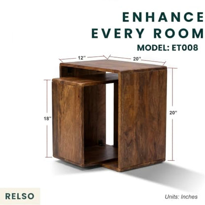 Relso Cascade Nesting Tables for Living Room with Premium Sheesham Wood Construction | Nesting End Tables with Smooth Curved Edges for Safety and Sophistication | Solid Wood Nesting Tables Set of 2 - color: Sheesham Natural