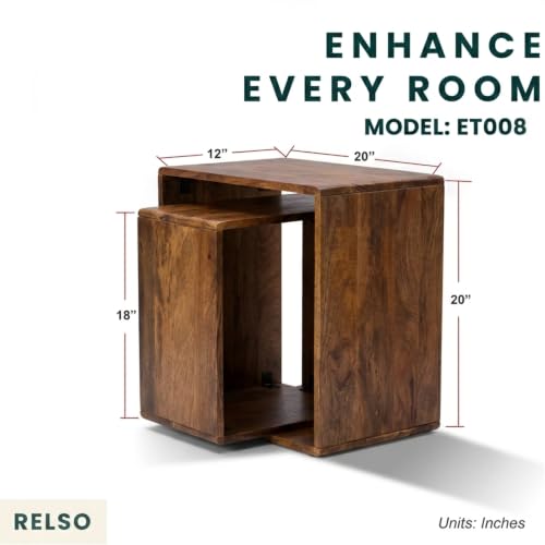Relso Cascade Nesting Tables for Living Room with Premium Sheesham Wood Construction | Nesting End Tables with Smooth Curved Edges for Safety and Sophistication | Solid Wood Nesting Tables Set of 2 - color: Sheesham Natural