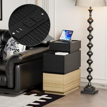 End Table with Charging Station, Nightstand with Drawers and Storage | Narrow Side Table with USB Ports and Power Outlets for Living Room and Bedroom, Black and Brown