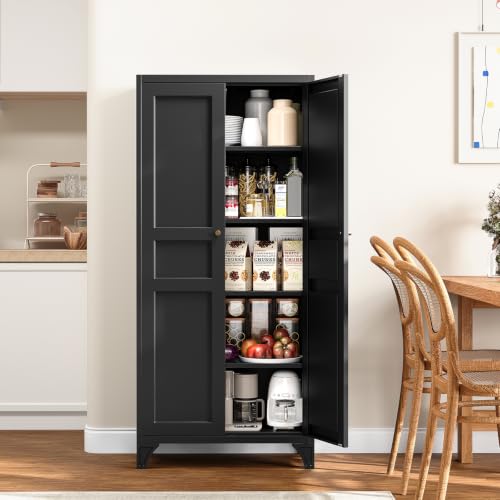 Metal Pantry Cabinet,Tall Kitchen Pantry Storage Cabinet with Doors and Adjustable Shelves - 61" Black Cupboard Cabinet for Kitchen, Living Room,Dining Room,Home - color: Black, size: 61"H