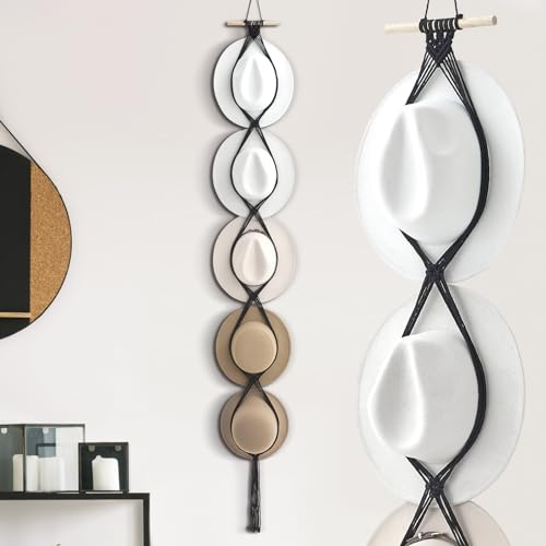 Macrame Hat Hangers Racks Boho Cowboy Hats Holders Western Display Organizer Storage decor Back of Door for Wall(Black,Five Hats Style) - color: Black, style: Five Hats Style