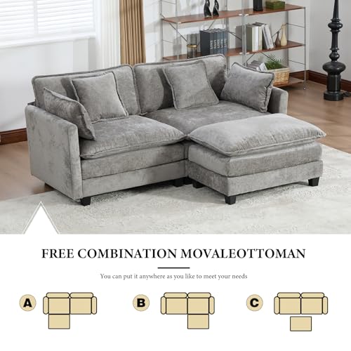 76.7” Oversized Gray Loveseat Sofa, 2 Seater Large Sectional Couches for Living Room, Chenille Fabric Modular Sectional Sofa with 1 Ottoman, Deep Seat Home Sofas Set - color: Grey, size: 2 Seater + 1 Ottoman