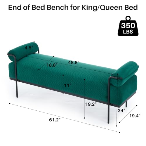 SOFTHION 61.2" End of Bed Bench, Corduroy Upholstered Entryway Bench, Green | Modern Upholstered Bench Ottoman, Footrest Stool with Sturdy Metal Frame and Legs for Living Room/Foyer/Mudroom/Hallway - color: Green