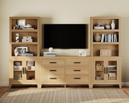 WAMPAT Farmhouse Entertainment Center with Bookshelves, TV Stand Set with Glass Doors & 6 Drawers, Wood Media Console for Living Room, Bedroom, Oak - color: Oak