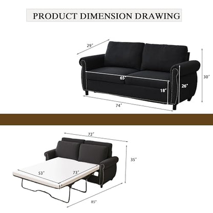 Queen Pull Out Sofa Bed, 74' Large Convertible Sleeper Sofa, 2 Seater Loveseat Sofa-Bed with Queen Size Mattress for Living Room Small Spaces Apartment Studio, Dark Gray - color: Dark Gray, size: Convertible Sleeper Sofa Bed-2 seat