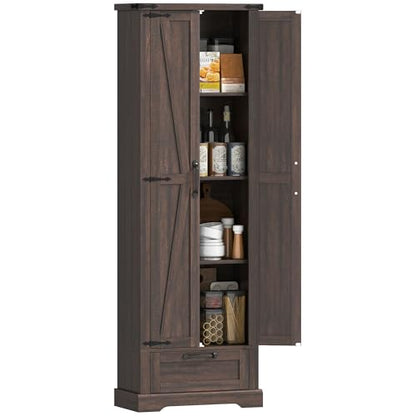HOMCOM 71" Tall Kitchen Pantry Storage Cabinet Barn Doors Drawer Brown | Farmhouse, Adjustable Shelves, Freestanding Food Pantry Cabinet, for Kitchen, Dining Room - color: Brown