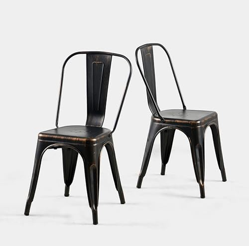 Vintage Onyx Distressed Black,Metal Dining Chairs Set of 2 | Tolix Vintage Stackable Bistro Cafe Restaurant Kichen Farmhouse Indoor/Outdoor - color: Onyx Black Vintage