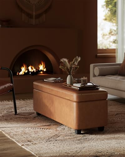 VASAGLE EKHO Collection - Storage Ottoman Bench, Entryway Bedroom Bench, 25 Gallons, Synthetic Leather with Stitching, Mid-Century Modern, Safety Hinges, Loads 660 lb, Caramel Brown ULOM075K01 - color: Caramel Brown, style: 25-Gallon Storage Bench