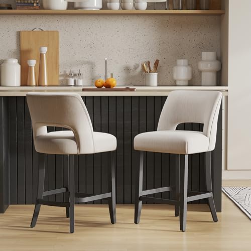 VKNOW Bar Stools Set of 2, 26" Upholstered Counter Height Bar Stools | Modern Counter Stools with Black Rubberwood Legs for Kitchen Island Dining Room Bar, Beige-Black Legs - color: Beige-black Legs, size: Set of 2