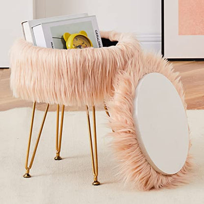 Faux Fur Storage Ottoman Round Furry Vanity Stool Marble Grain Tray Coffee Table Compact Footrest Stool with 4 Metal Legs Soft Makeup Seat Foot Stools Living Room Bedroom Entryway Champagne - color: Champagne