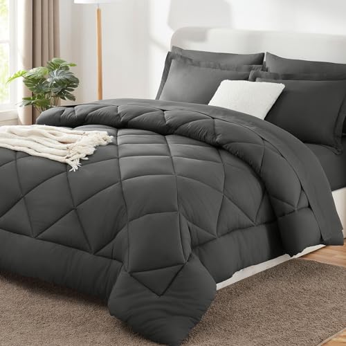Full Size Comforter Sets Dark Grey - 7 Pieces Complete Bedding Set | OEKO-TEX Certified, All Season, 240GSM Down-Alternative Comforter, Sheets, Pillowcases & Shams, 14" Deep Pocket, Easy Care - color: Dark Grey, size: Full