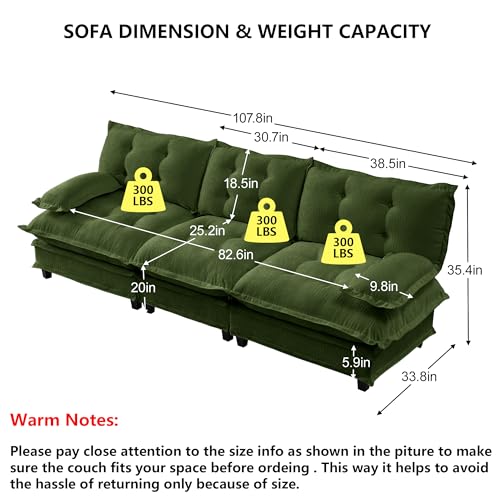 107.8" Modular Sectional Sofas for Living Room,Roomy Tufted 3 Seater Cloud Couch with Deep Seat,Modern Comfy Chenille 3 Seat Cloud Sofa for Bedroom,Apartment - color: Green, size: 3 Seater