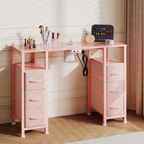 Manicure Table Nail Desk for Nail Tech, Nail Beauty Table w/Electric Dust Collector & 6 Storage Drawers & Open Shelves for Home, Workshop, Makeup Beauty Salon Workstation (Pink) - color: Pink