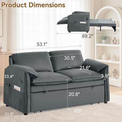 63" 3-in-1 Velvet Convertible Sleeper Sofa Bed, Modern Adjustable Backrest Loveseat Pull Out Couch with USB & Side Pocket, Small Space Love Seat Sofa Bed for Living Room, Bedroom, Grey Velvet - color: Grey