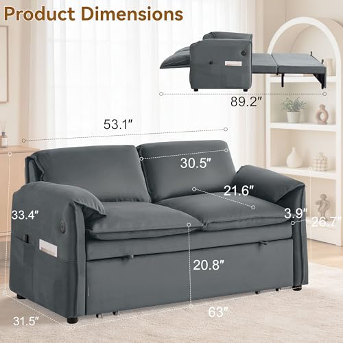 63" 3-in-1 Velvet Convertible Sleeper Sofa Bed, Modern Adjustable Backrest Loveseat Pull Out Couch with USB & Side Pocket, Small Space Love Seat Sofa Bed for Living Room, Bedroom, Grey Velvet - color: Grey
