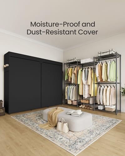 SONGMICS Heavy-Duty Clothes Rack, Garment Rack, Portable Closet, 68.7-Inch Wide Clothing Rack with Adjustable Mesh Shelves and Hanging Rails, Ink Black ULGR435B01 - color: Ink Black, size: 68.7"L x 76"H, style: With Fabric Cover