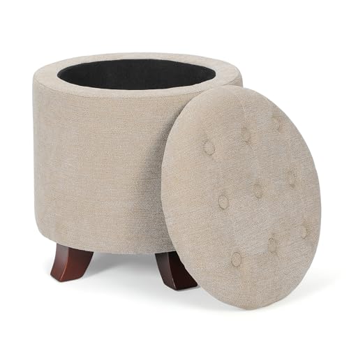 Athena Collection 15 Inch Small Ottoman with Storage, Round Linen Fabric Storage Ottoman Foot Rest with Removable Lid, Multipurpose Footstool Footrest for Living Room, Bedroom, Dorm, Khaki - color: Khaki, size: 15.5"D x 15.5"W x 17"H