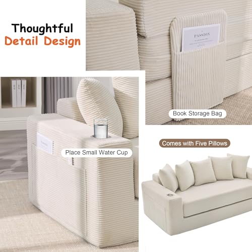 76" Convertible Sofa Bed, Corduroy Boneless Couch with Cup Holders & Pocket | 2-in-1 Sleeper Sofa, Pull-out Couch Bed with 5 Pillows, Living Room, Small Spaces, Bedroom, No Assembly - color: 76" Beige
