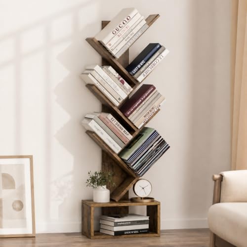 XBurmo 6 Tier Tree Book Shelf - Small Bookshelf Decor, Corner Bookshelf, Living Room Storage, Tall Narrow DVD & CD Shelf Storage Bookshelves, Comic Bookcases Standing for Bedroom or Office