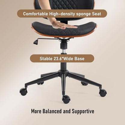 Modern Walnut Home Office Chair, Executive Desk Chair No Arms Black | with Wheels, Adjustable Height, Comfy PU, Deeper Cushion, Mid Back, 360 Swivel Computer Chair - color: Black
