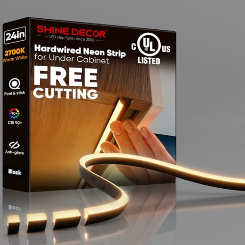 Under Cabinet Lighting Strip, Free Cuttable LED Silicone Neon Rope Hardwired 24V Anti-Glare Bright Cozy 456 Lumen for Indoor, Adhesive Black Shell 2700K Warm 24” UL Certified, No Adapter - color: Warm LEDs + Black Shell, size: 24 inch