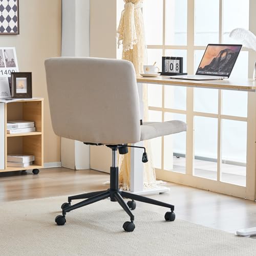 Furnimart Swivel Criss Cross Legged Chair with Wheels for Home Office, Wide Armless Desk Chair Height Adjustable Comfy Seat for Desk,Vanity, Bedroom, Beige - color: Linen-beige