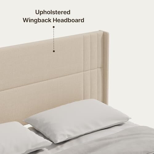 Gizoon King Bed Frame with Wingback Headboard, Upholstered Platform Bed | Bed Frame with Padded Headboard,Wooden Slats, Noise-Free, No Box Spring Needed, Easy Assembly,Beige - color: Beige, size: King