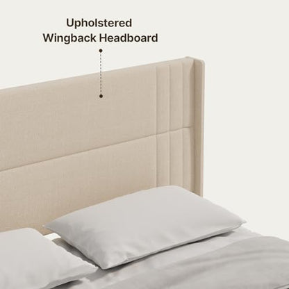 Gizoon King Bed Frame with Wingback Headboard, Upholstered Platform Bed | Bed Frame with Padded Headboard,Wooden Slats, Noise-Free, No Box Spring Needed, Easy Assembly,Beige - color: Beige, size: King