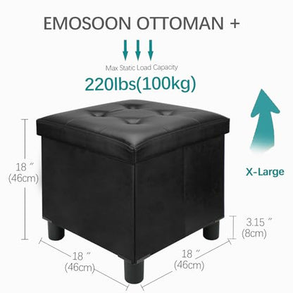 18 Inches Cube Storage Ottoman, Faux Leather Collapsible Square Folding Ottoman Furniture with Storage for Living Room Bedroom, Foot Rest Foot Stool with Legs, Black 18x18x18 Inches - color: Black